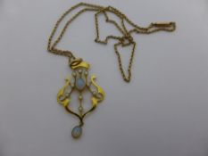 Edwardian Gold Opal and Pearl Pendant, the pendant presented on a chain.