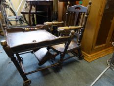 A vintage wooden child`s high chair, Milsoms, London converts to a child`s push along chair on