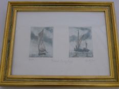 Two miniature hand coloured etchings on single mount entitled `Thames sailing barges`. Limited