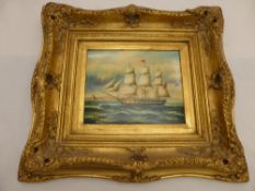 Two Seascapes, depicting ships in full sail, ornate frames.