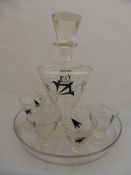 Art Deco Cut Decanter, the cut glass decanter with five shot glasses with a black etched design on a