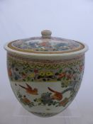 A large Chinese Ginger Jar with ornate foliate design, gold fish and cardinal birds, 30 x 93 cms.