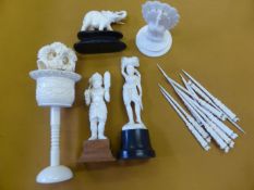 Ivory Figures including an Indian carved figure of a tribal man, female figure carrying corn,