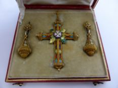 Circa 1880 Continental Gold and Enamel Cross Pendant, the 18 karat cross pendant with matching