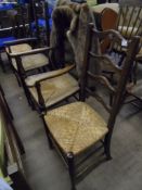 Two Oak High Back Country Kitchen Chairs together with two Dining Chairs with reeded seats.