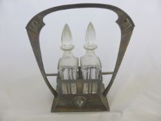 Art Nouveau Silver Plate Oil and Vinegar Condiment Set, cut glass with stand inscribed 444/2 m.m