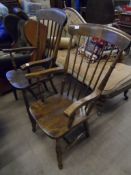 Two Elm Spindle back Farmhouse Kitchen Chairs, one with cut down legs.