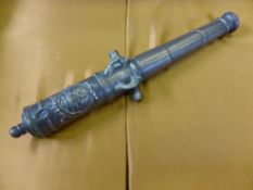 Antique French Bronze Naval Canon, inscribed 1732 with tapered barrel and raised scroll, the