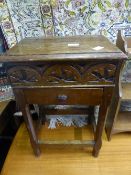 Small Oak Side Table with a hinged lid and single drawer with decorative frieze to front panel