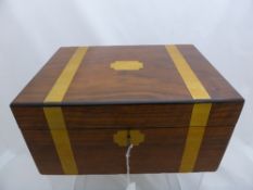 An antique brass banded rosewood writing box ( with key ).