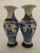 Antique Crackle Glaze Vases, the pair depicting characters and mountain scenes, character marks to