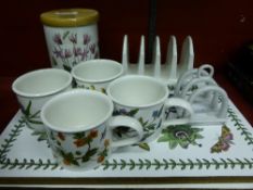 Miscellaneous collection of Portmeirion Porcelain including a lidded storage jar, toast rack, four
