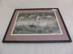 William T Rawlinson - an etching of flamingos in black and white, limited edition 12 of 50, signed