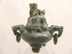 Chinese Hard Stone Sensor with dog of Fo lid and lion ring handles on tripod feet, 8 cms.