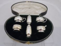 Solid Silver Six Piece Cruet Set comprising two salts with blue glass liners, two peppers, two