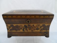 A fine mid 19th century Tunbridge ware tea caddy with floral band all round with a pictured top