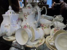 Part Royal Albert `Moss Rose` Bone China tea set, comprising tea pot, coffee pot, six tea cups and