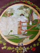 Two tapestries - one depicting a floral embroidery the other a woodman.