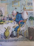 A hand coloured engraving "Temperance enjoying a frugal meal" published July 1782 by H Humphrey,