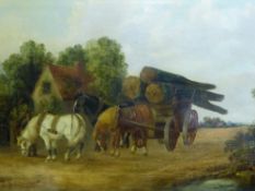 Circa 19th Century Oil on Canvas depicting three cart horses, two drawing a cart carrying timber