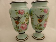 Victorian White hand painted vases - the vases depicting a colourful bird amongst flowers, 32 cms h.
