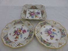 Collection of misc. hand painted Dresden porcelain incl. six Schumann lattice work plates, a