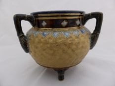 Royal Doulton Lambeth Vase, the three handled vase having a gilded spiral pattern to central band