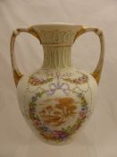 Victorian Royal Worcester style vase, matt finish, twin handled in the classical style having a