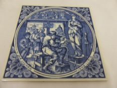 Two Delft Blue and White Tiles depicting `De Timmerman` and the `De Beeldhouwer` together with a