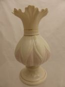Belleek Vase - the pink and white bulb shaped vase with tapered petal shaped rim. 21 cms