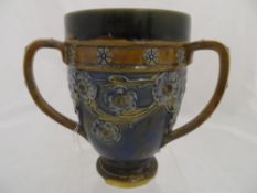 Royal Doulton Lambeth Trig, circa 1920 three handled cup having a mottled green rim with light brown