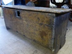 17th Century Oak Plank Chest, metal key plate missing, approx. 49 x 38 x 116 cms.