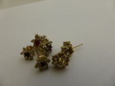 Three pairs of 9 ct gold coloured stone earrings, synthetic ruby, sapphire and diamonds.