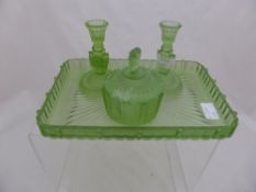 Green Glass 1920`s Dressing Table Set to include a pair of candle sticks and three powder/cotton
