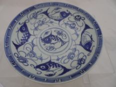 Blue and White Chinese Cabinet Plate, depicting fish and signed to base.