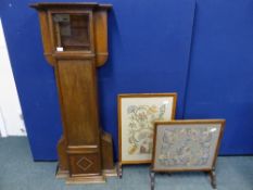 Edwardian oak case for a grandmother clock (no clock) together with two fire screens with decorative