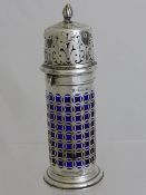 Solid Silver Sugar Shaker, London hallmark, lattice wear with original blue liner and stepped