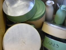 Box of Tala Enamel Kitchenware including Storage Tins, Cake Tins, Flour Bin together with the