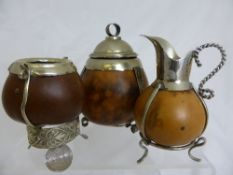 Trio of Argentinean Seed Pods, forged with pewter to form a Tea Caddy, Sugar Bowl and Milk Jug.