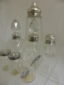 Solid Silver Collared Cut Glass Perfume Bottles together with a Birmingham hallmarked glass pot,