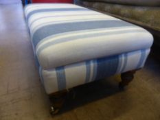 A double footstool being upholstered on turned feet and castors, approx. 90 x 46 x 35 cms.