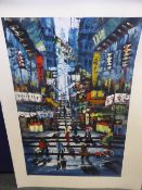 Acrylic on Canvas depicting an Oriental street scene signed bottom right Florence 61 x 91 cms.