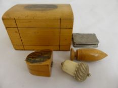 Collection of misc. treen ware and sewing items incl. an ivory / bone needle case in the form of