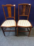 Two Edwardian mahogany bedroom chairs, one having a splat back the other being spindle backed,