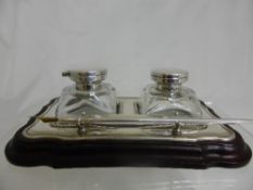 Silver presentation double inkwell set with pen, hallmarked Sheffield sterling silver, in the