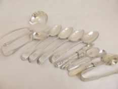 Miscellaneous Silver Plate including a large ladle, four serving spoons, sugar spoon, sugar nips,