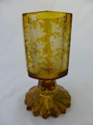 Continental Square Cut Glass Goblet, the Amber goblet with rose etching.
