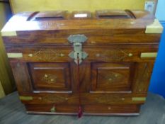 Indian Teak Brass Inlaid Casket having two integrated drawers, the interior having red velvet lining