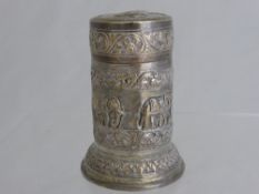 Indian Silver Castor the lid and cylinder with foliate scroll detail and embossed with elephants,