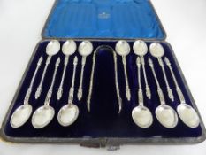 A set of Apostle Spoons and Sugar Nips in original silk lined box. Spoon marks rubbed. Sugar nip